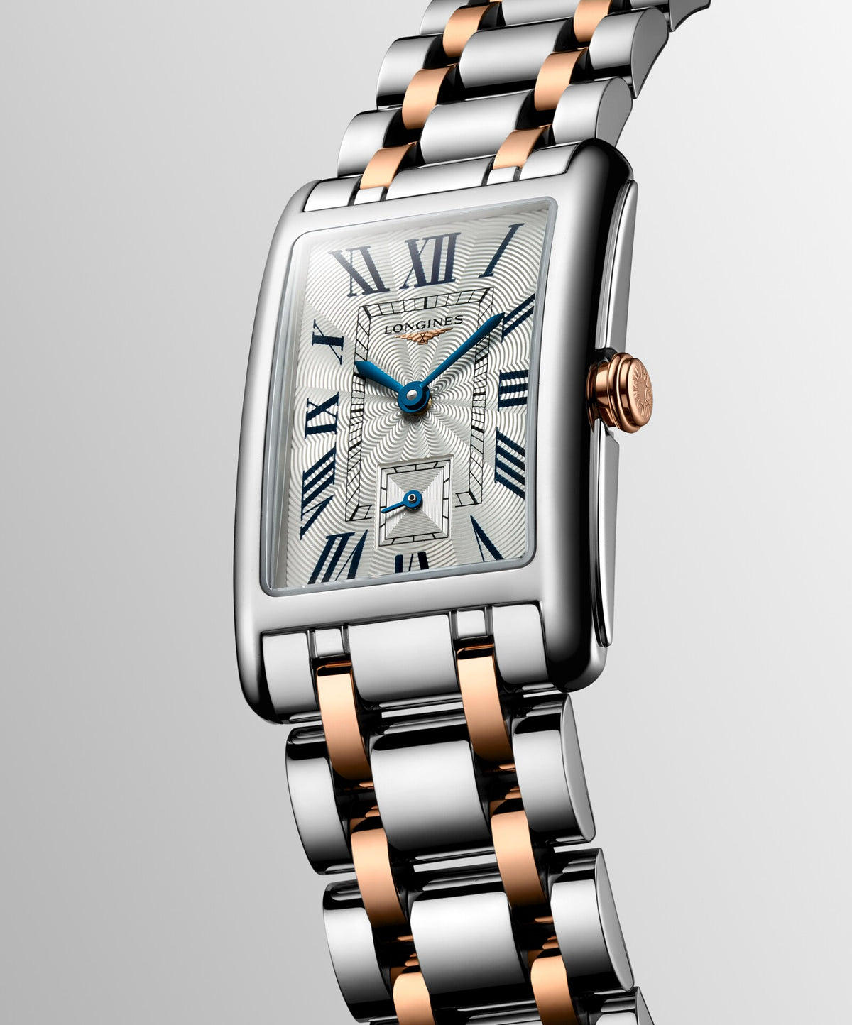 [SIMCHA-OFFICIAL-GALLERY:L5.512.5.71.7:06] Longines DolceVita 23.30 x 37.00mm Quartz Silver "flinqué" Dial Stainless Steel and Rose Gold Bracelet Watch — official gallery view 6