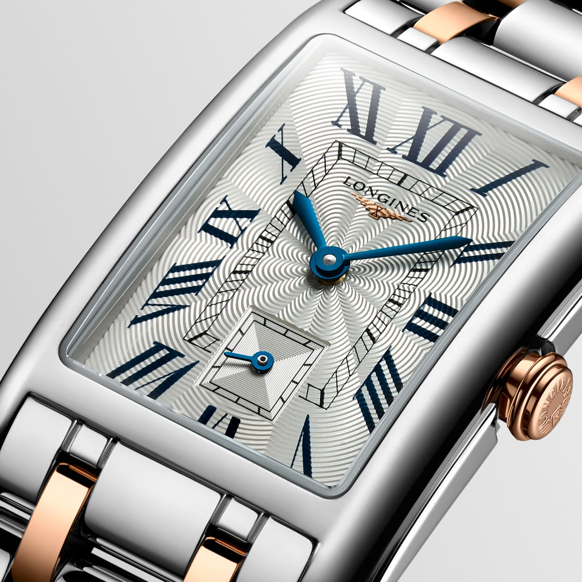 [SIMCHA-OFFICIAL-GALLERY:L5.512.5.71.7:02] Longines DolceVita 23.30 x 37.00mm Quartz Silver "flinqué" Dial Stainless Steel and Rose Gold Bracelet Watch — official gallery view 2
