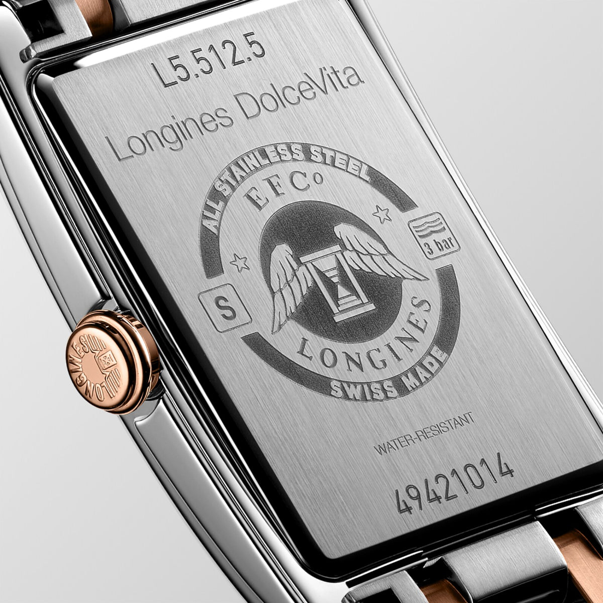 [SIMCHA-OFFICIAL-GALLERY:L5.512.5.71.7:04] Longines DolceVita 23.30 x 37.00mm Quartz Silver "flinqué" Dial Stainless Steel and Rose Gold Bracelet Watch — official gallery view 4