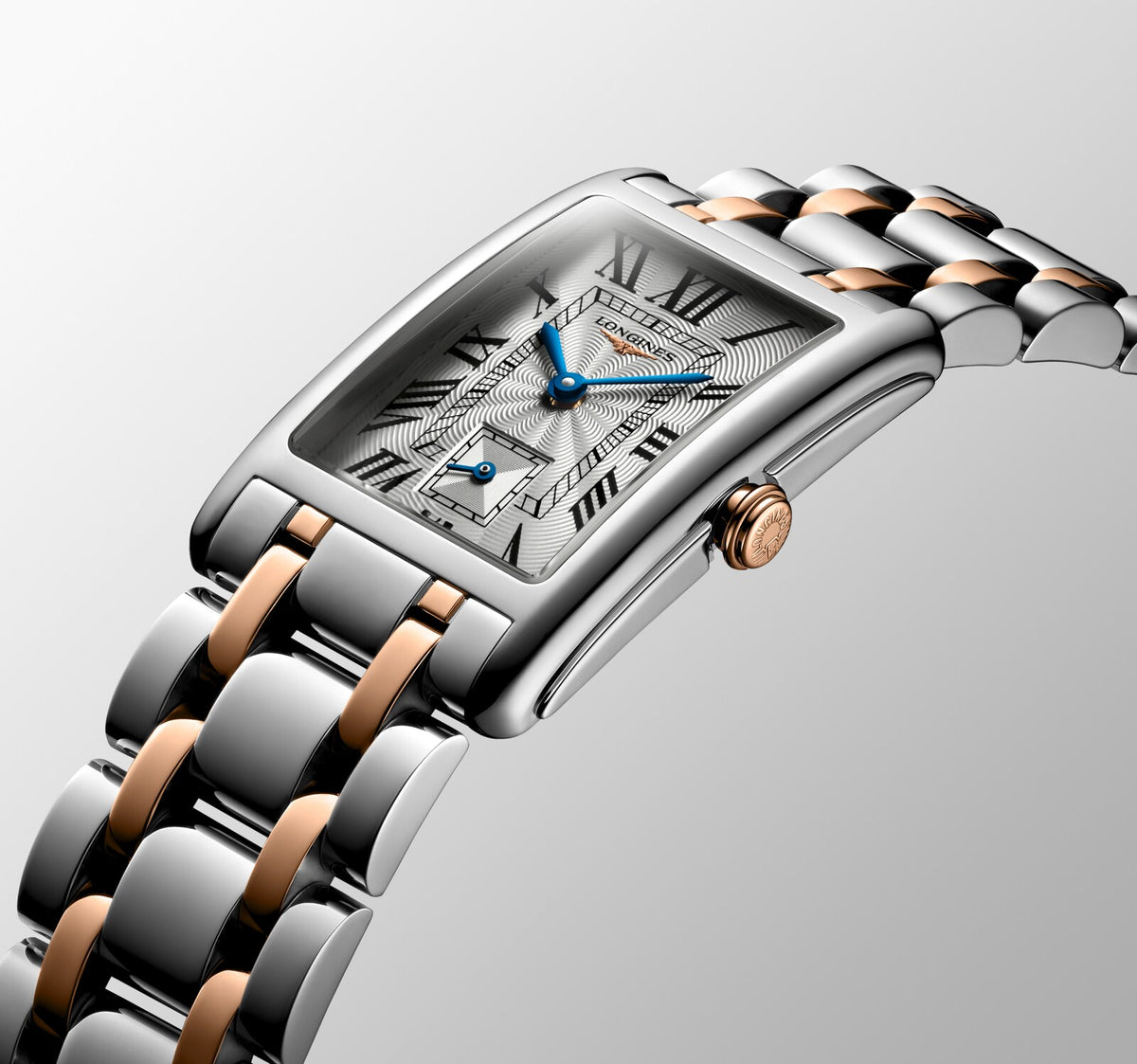 [SIMCHA-OFFICIAL-GALLERY:L5.512.5.71.7:09] Longines DolceVita 23.30 x 37.00mm Quartz Silver "flinqué" Dial Stainless Steel and Rose Gold Bracelet Watch — official gallery view 9