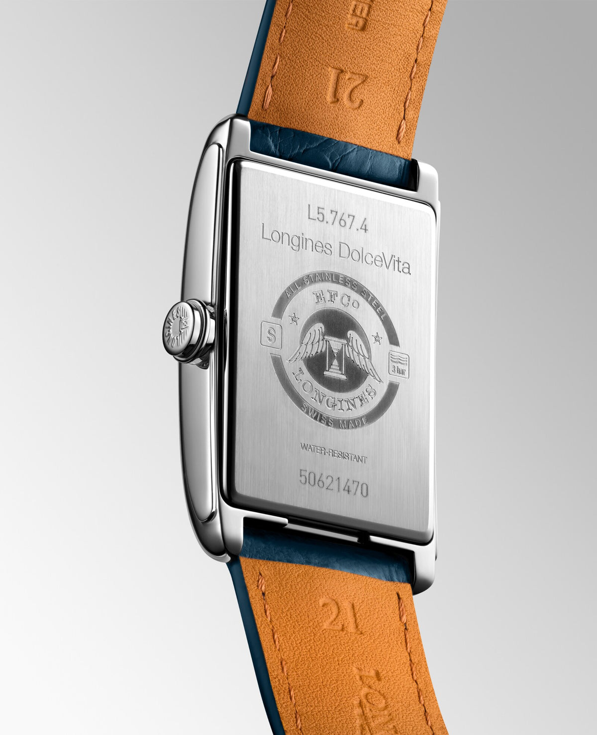 [SIMCHA-OFFICIAL-GALLERY:L5.767.4.71.9:05] Longines DolceVita 28.20 x 47.00mm Automatic Silver "flinqué" Dial Blue Alligator Strap Watch — official gallery view 5