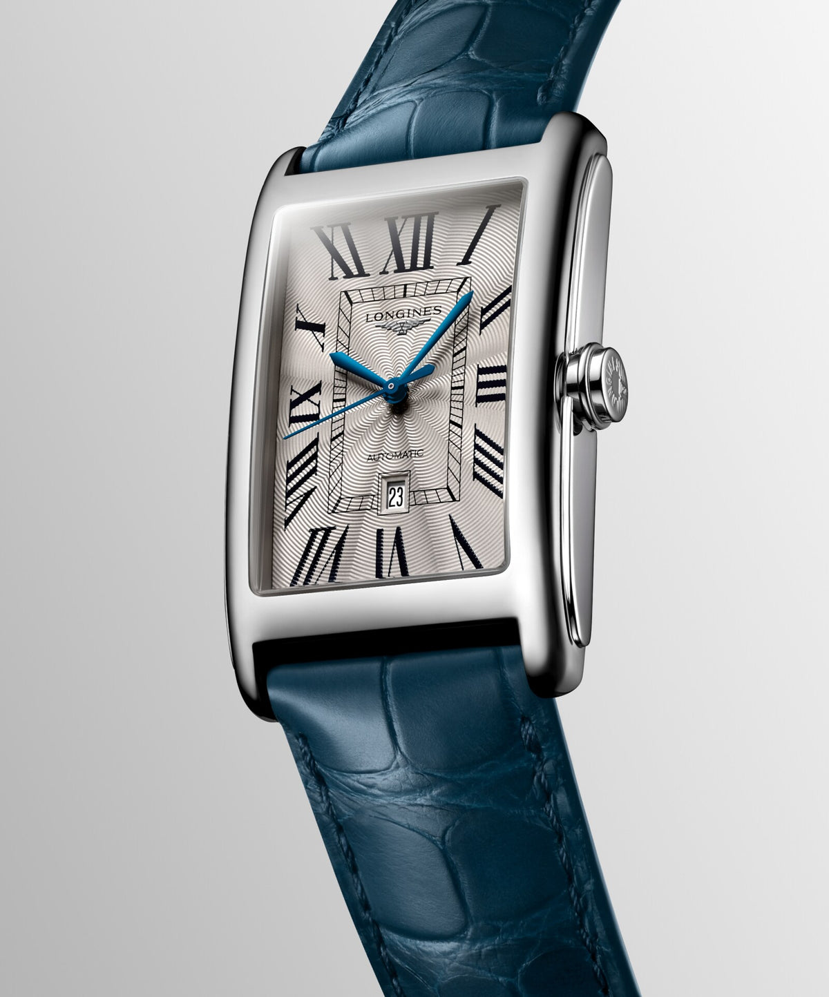 [SIMCHA-OFFICIAL-GALLERY:L5.767.4.71.9:04] Longines DolceVita 28.20 x 47.00mm Automatic Silver "flinqué" Dial Blue Alligator Strap Watch — official gallery view 4