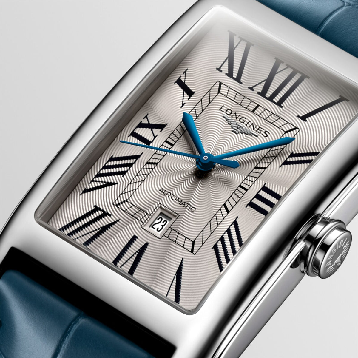 [SIMCHA-OFFICIAL-GALLERY:L5.767.4.71.9:02] Longines DolceVita 28.20 x 47.00mm Automatic Silver "flinqué" Dial Blue Alligator Strap Watch — official gallery view 2