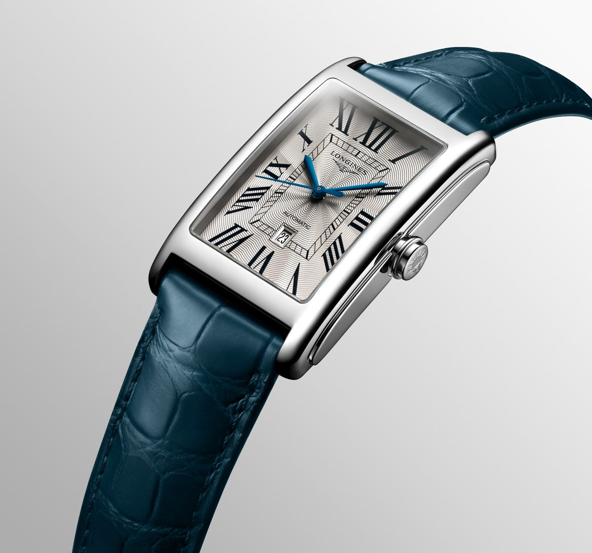 [SIMCHA-OFFICIAL-GALLERY:L5.767.4.71.9:06] Longines DolceVita 28.20 x 47.00mm Automatic Silver "flinqué" Dial Blue Alligator Strap Watch — official gallery view 6