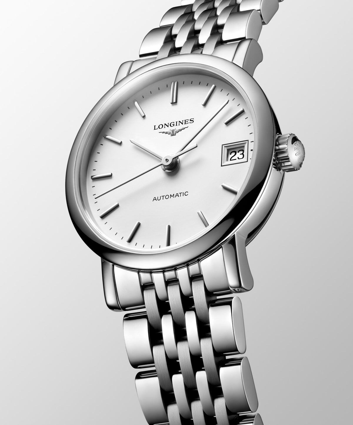 [SIMCHA-OFFICIAL-GALLERY:L4.309.4.19.6:04] Longines Elegant Collection 25.50mm Automatic White matt Dial Stainless Steel Bracelet Watch — official gallery view 4
