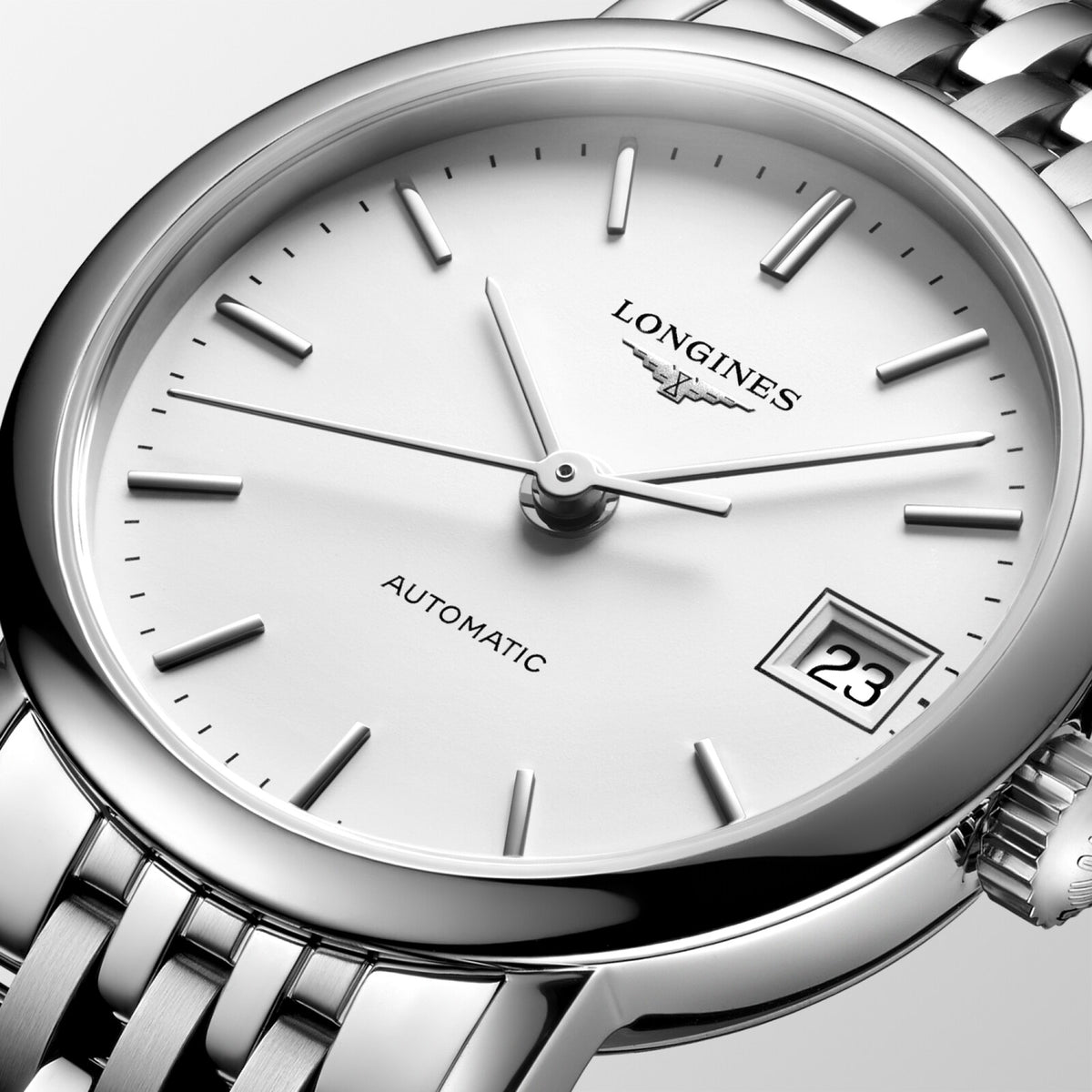 [SIMCHA-OFFICIAL-GALLERY:L4.309.4.19.6:02] Longines Elegant Collection 25.50mm Automatic White matt Dial Stainless Steel Bracelet Watch — official gallery view 2