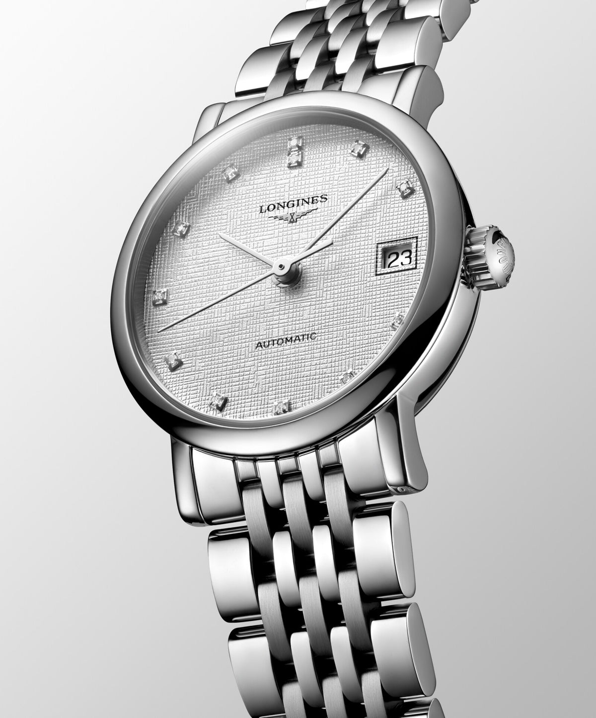 [SIMCHA-OFFICIAL-GALLERY:L4.309.4.79.6:04] Longines Elegant Collection 25.50mm Automatic Striped Silver Dial Stainless Steel Bracelet Watch — official gallery view 4