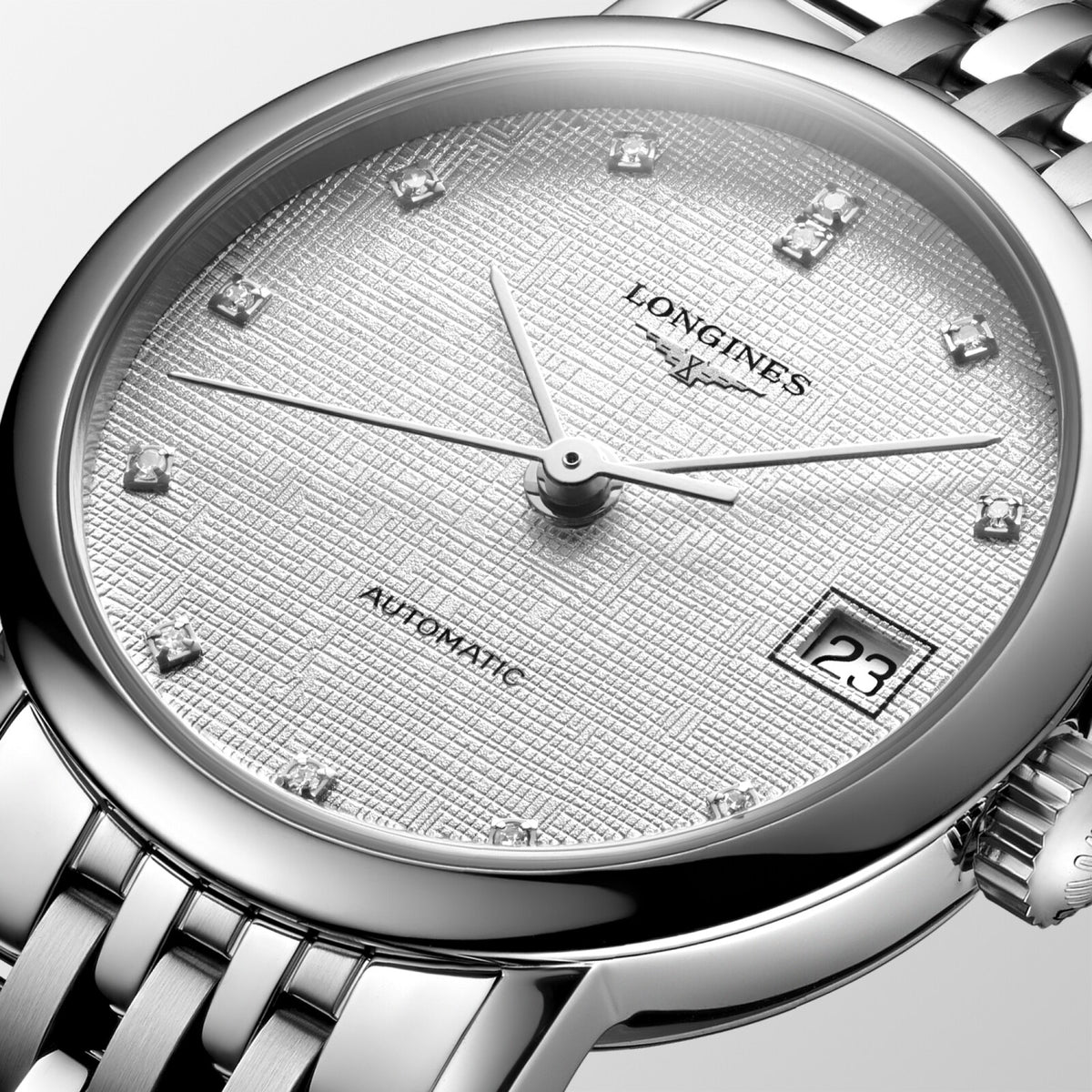 [SIMCHA-OFFICIAL-GALLERY:L4.309.4.79.6:02] Longines Elegant Collection 25.50mm Automatic Striped Silver Dial Stainless Steel Bracelet Watch — official gallery view 2
