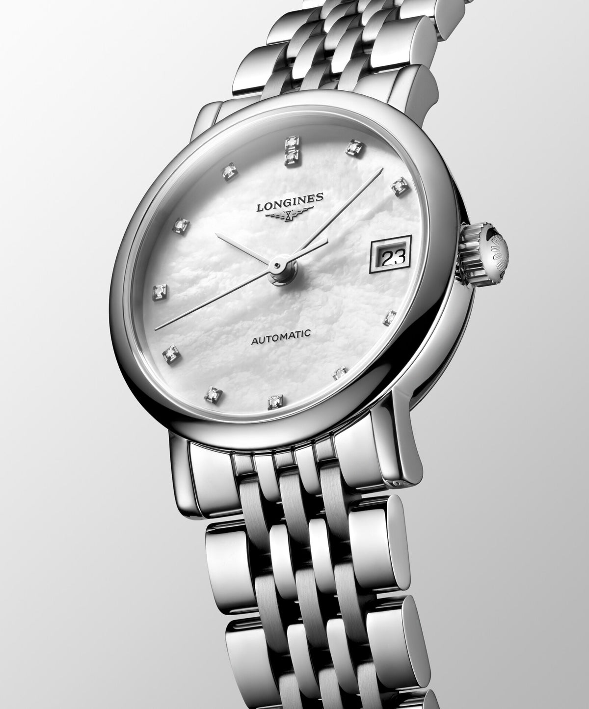 [SIMCHA-OFFICIAL-GALLERY:L4.309.4.80.6:04] Longines Elegant Collection 25.50mm Automatic White mother-of-pearl Dial Stainless Steel Bracelet Watch — official gallery view 4