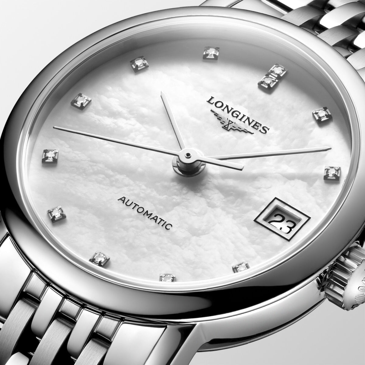 [SIMCHA-OFFICIAL-GALLERY:L4.309.4.80.6:02] Longines Elegant Collection 25.50mm Automatic White mother-of-pearl Dial Stainless Steel Bracelet Watch — official gallery view 2