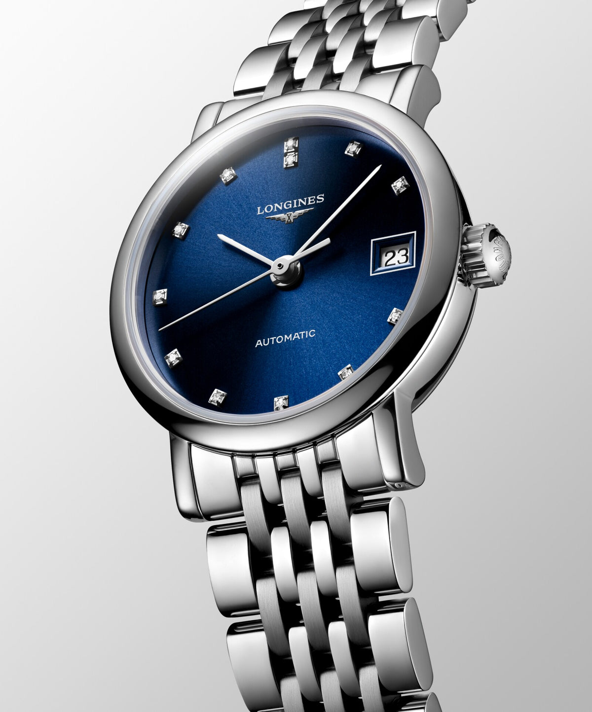 [SIMCHA-OFFICIAL-GALLERY:L4.309.4.90.6:02] Longines Elegant Collection 25.50mm Automatic Sunray blue Dial Stainless Steel Bracelet Watch — official gallery view 2