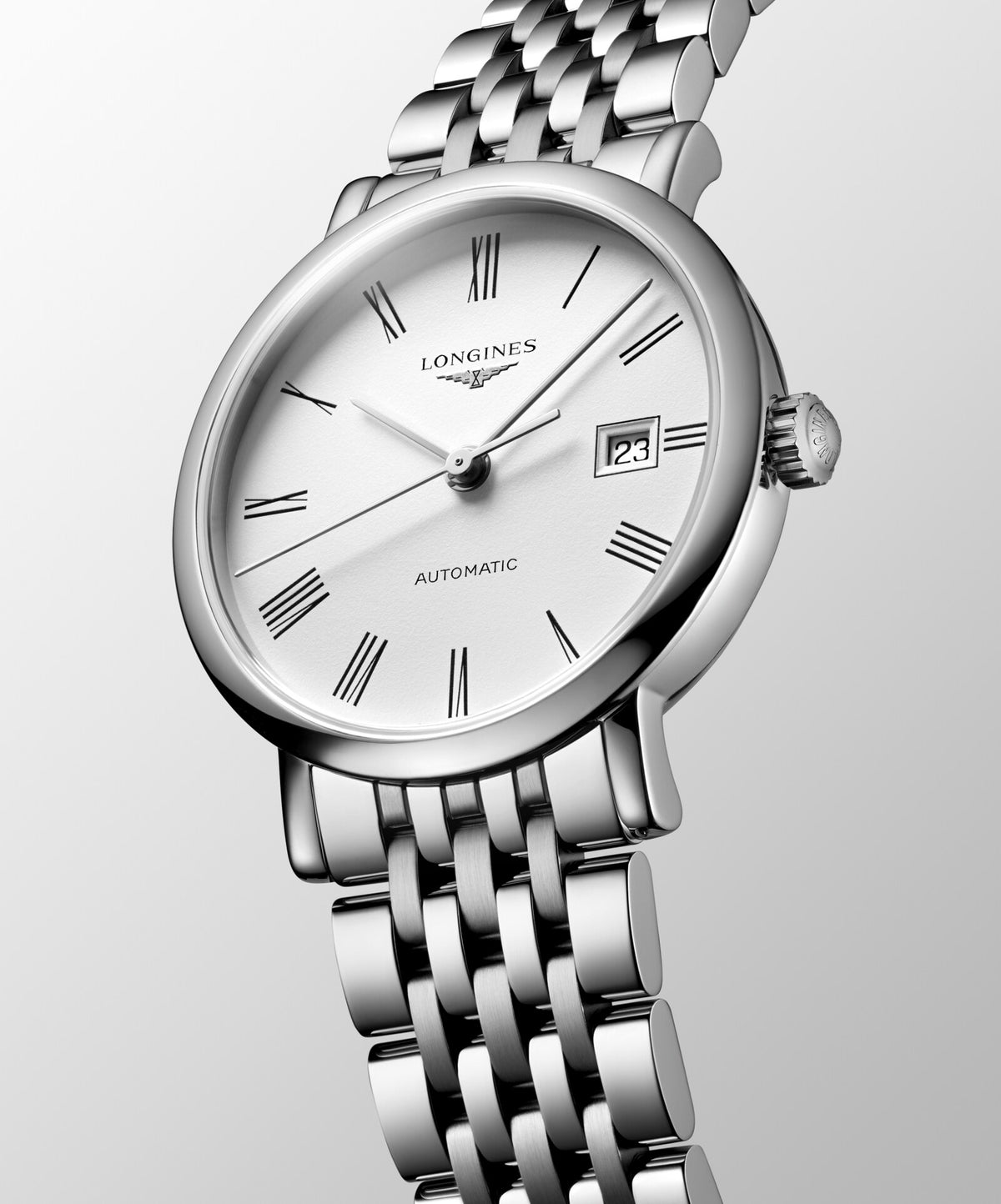 [SIMCHA-OFFICIAL-GALLERY:L4.310.4.18.6:04] Longines Elegant Collection 29.00mm Automatic White matt Dial Stainless Steel Bracelet Watch — official gallery view 4