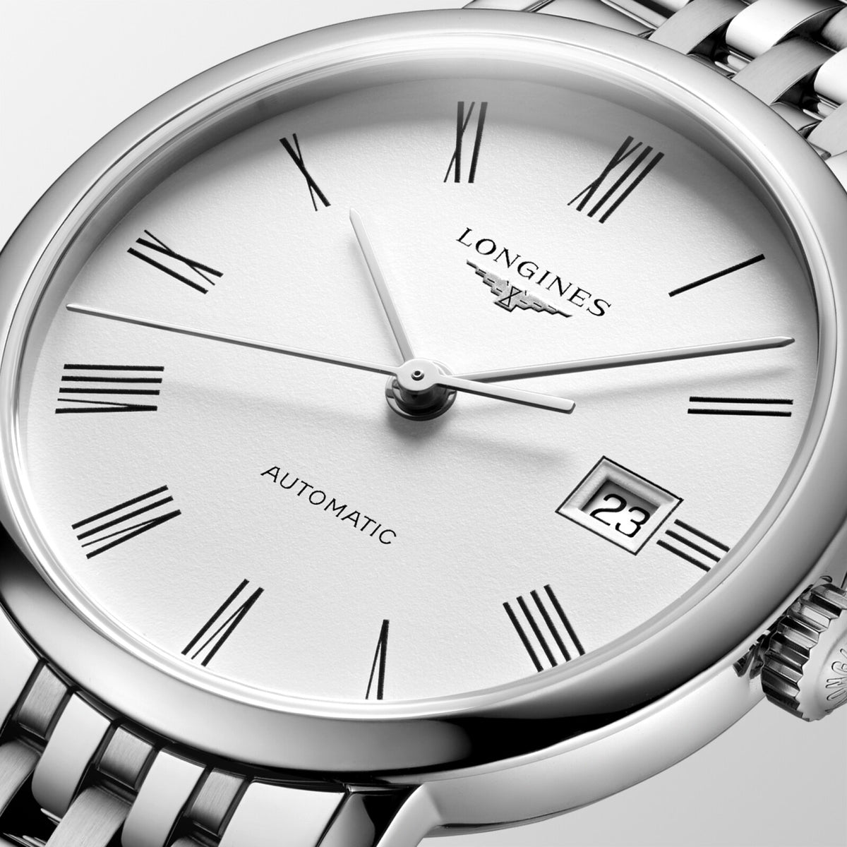 [SIMCHA-OFFICIAL-GALLERY:L4.310.4.18.6:02] Longines Elegant Collection 29.00mm Automatic White matt Dial Stainless Steel Bracelet Watch — official gallery view 2