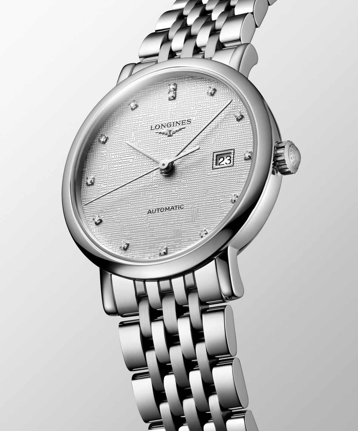 [SIMCHA-OFFICIAL-GALLERY:L4.310.4.79.6:04] Longines Elegant Collection 29.00mm Automatic Striped Silver Dial Stainless Steel Bracelet Watch — official gallery view 4