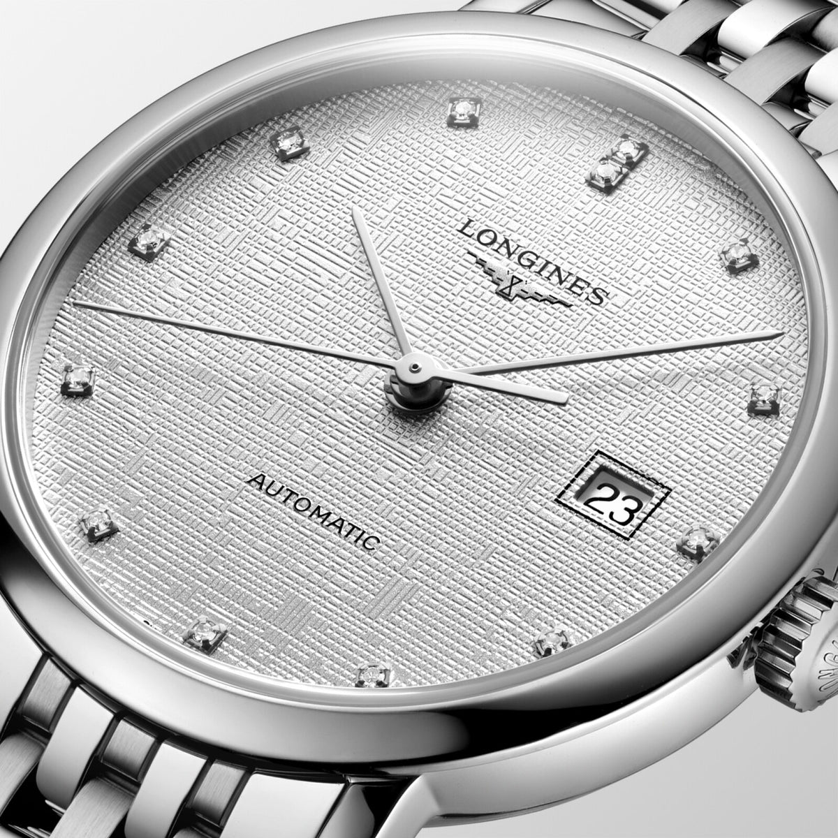 [SIMCHA-OFFICIAL-GALLERY:L4.310.4.79.6:02] Longines Elegant Collection 29.00mm Automatic Striped Silver Dial Stainless Steel Bracelet Watch — official gallery view 2