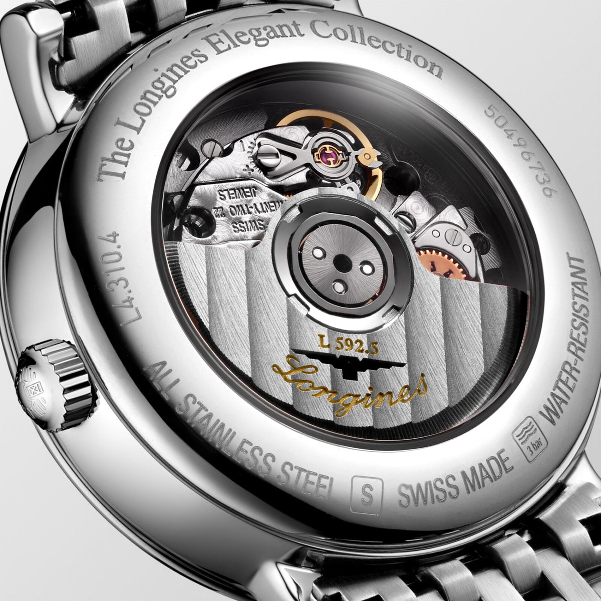 [SIMCHA-OFFICIAL-GALLERY:L4.310.4.79.6:03] Longines Elegant Collection 29.00mm Automatic Striped Silver Dial Stainless Steel Bracelet Watch — official gallery view 3