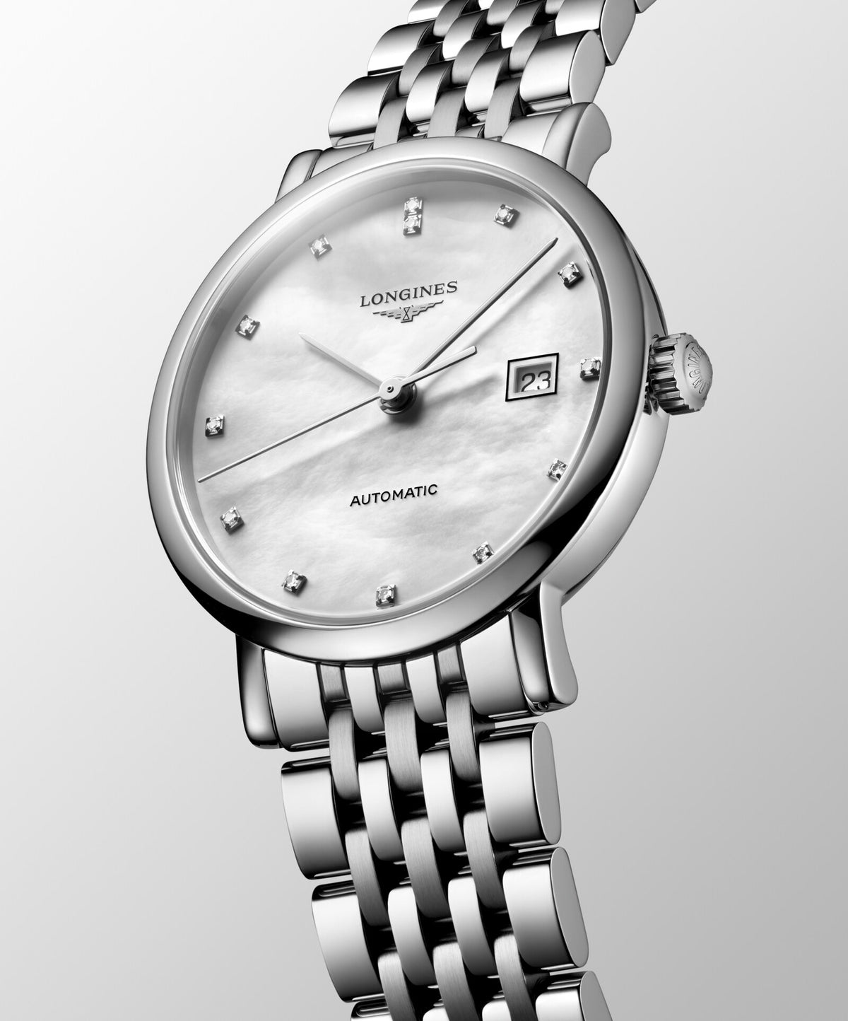 [SIMCHA-OFFICIAL-GALLERY:L4.310.4.80.6:04] Longines Elegant Collection 29.00mm Automatic White mother-of-pearl Dial Stainless Steel Bracelet Watch — official gallery view 4