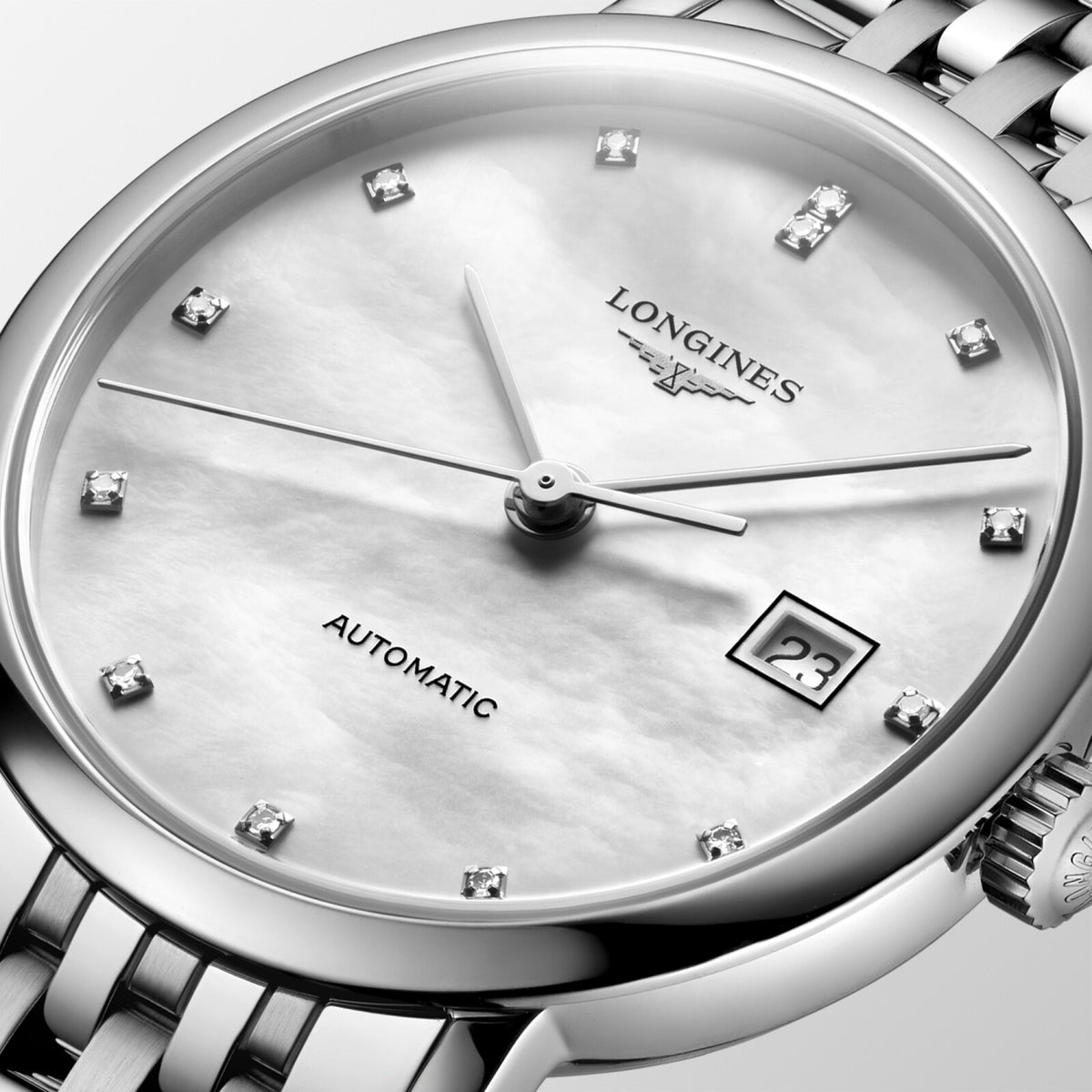 [SIMCHA-OFFICIAL-GALLERY:L4.310.4.80.6:02] Longines Elegant Collection 29.00mm Automatic White mother-of-pearl Dial Stainless Steel Bracelet Watch — official gallery view 2
