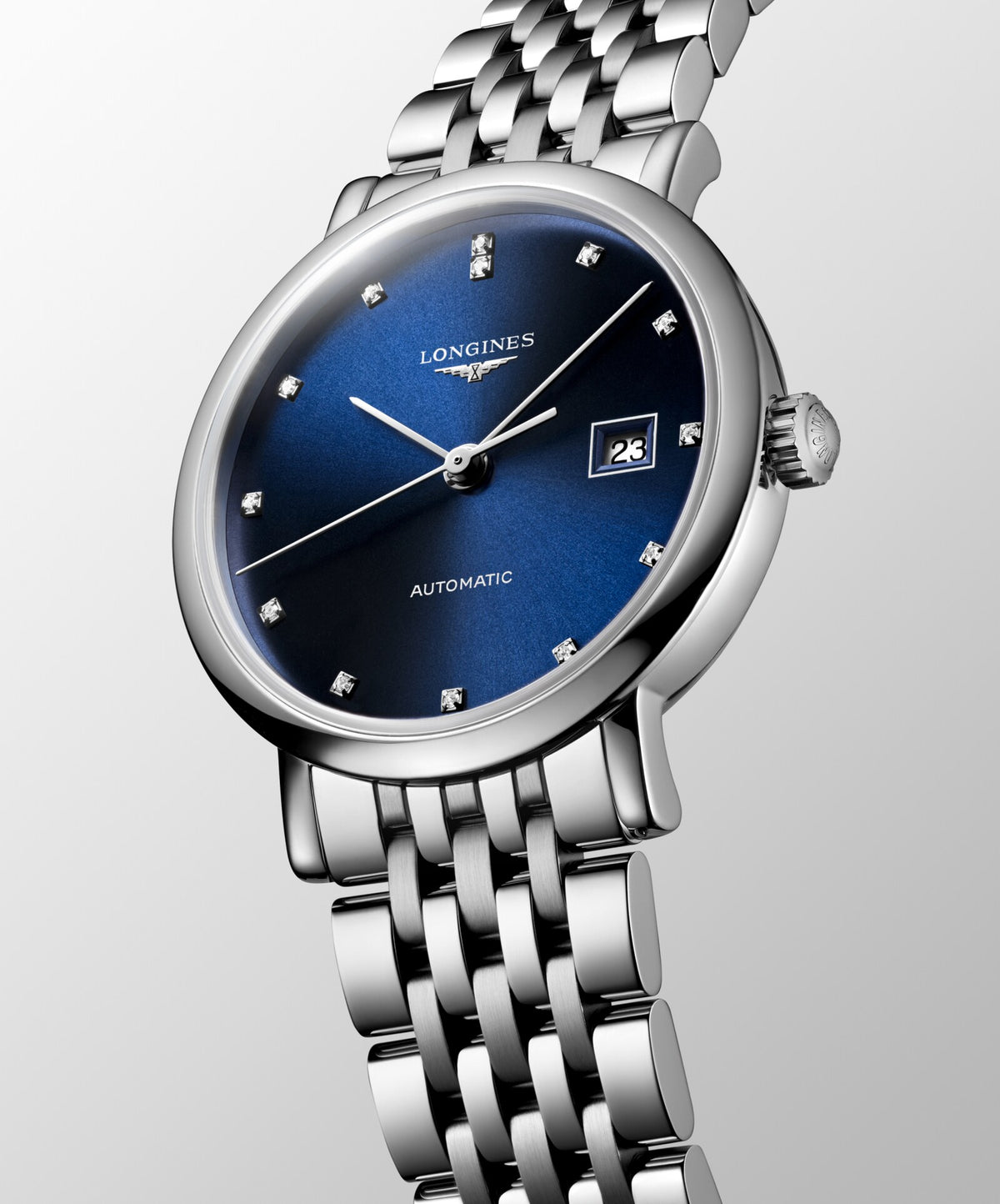 [SIMCHA-OFFICIAL-GALLERY:L4.310.4.90.6:04] Longines Elegant Collection 29.00mm Automatic Sunray blue Dial Stainless Steel Bracelet Watch — official gallery view 4