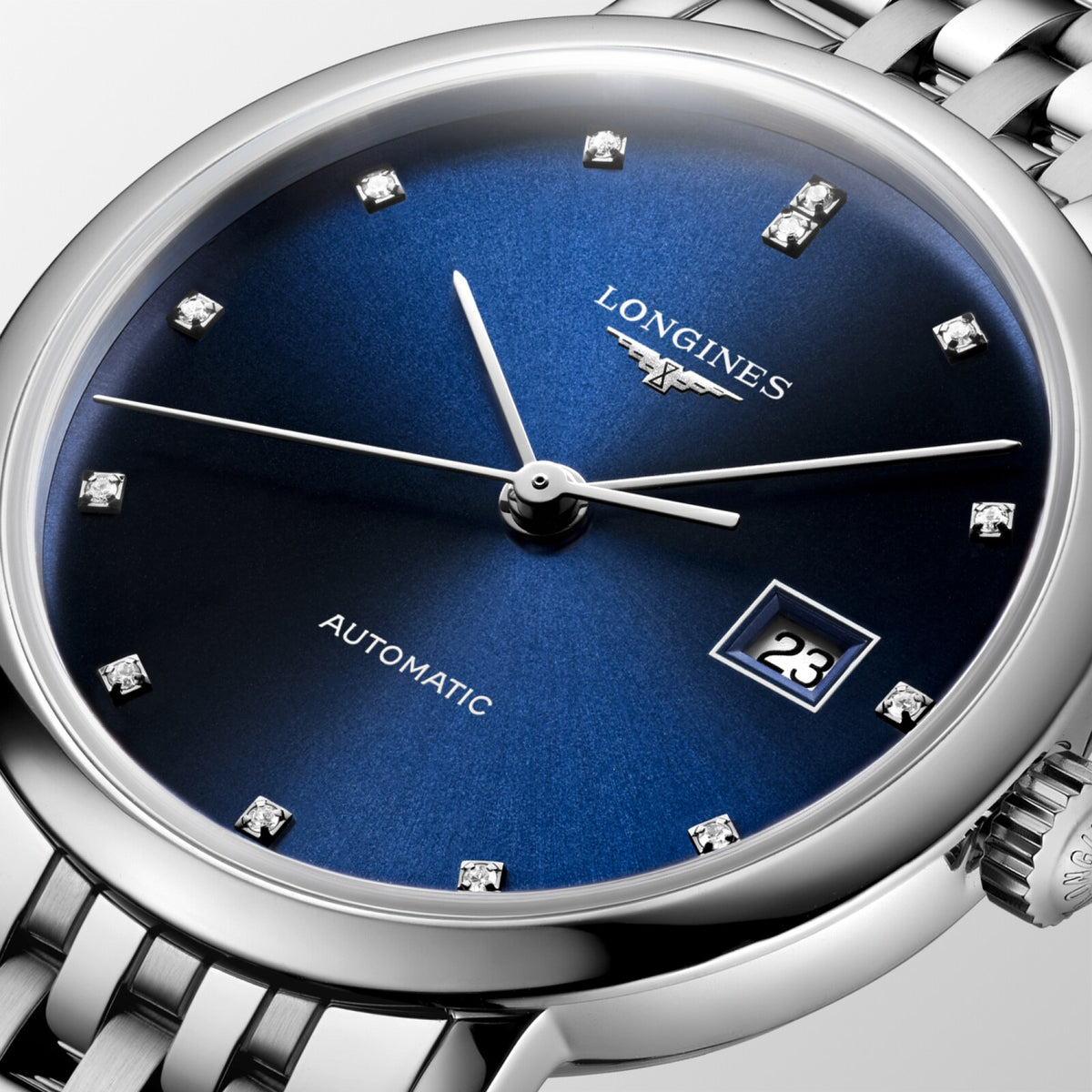 [SIMCHA-OFFICIAL-GALLERY:L4.310.4.90.6:02] Longines Elegant Collection 29.00mm Automatic Sunray blue Dial Stainless Steel Bracelet Watch — official gallery view 2