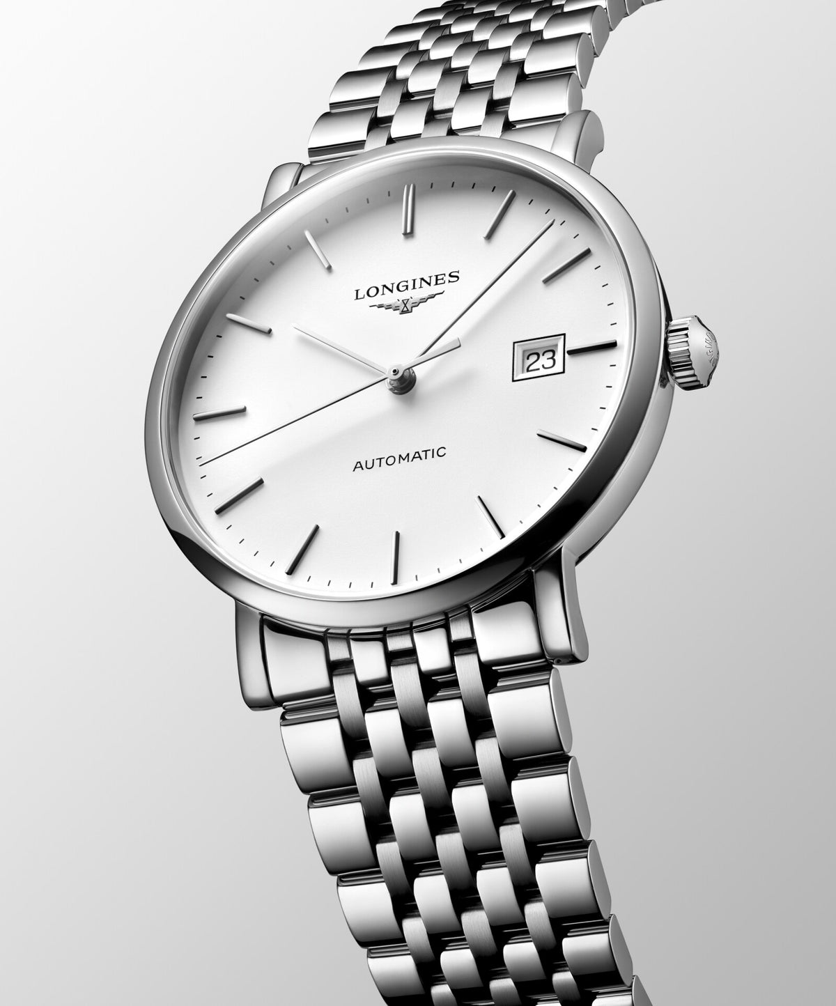 [SIMCHA-OFFICIAL-GALLERY:L4.910.4.19.6:04] Longines Elegant Collection 39.00mm Automatic White matt Dial Stainless Steel Bracelet Watch — official gallery view 4