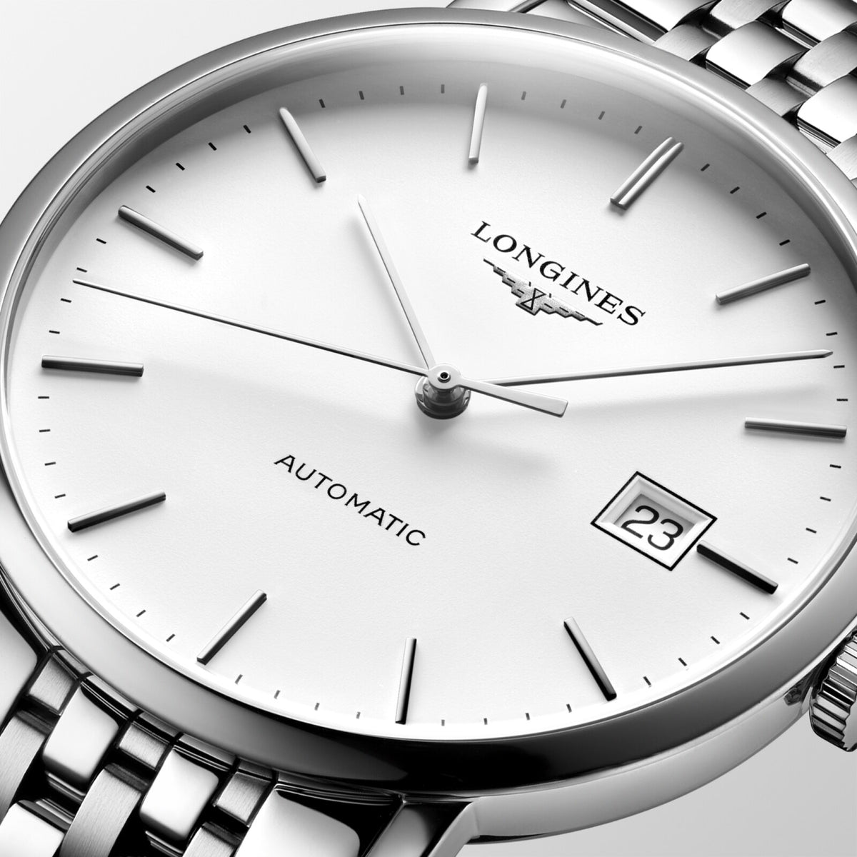 [SIMCHA-OFFICIAL-GALLERY:L4.910.4.19.6:02] Longines Elegant Collection 39.00mm Automatic White matt Dial Stainless Steel Bracelet Watch — official gallery view 2