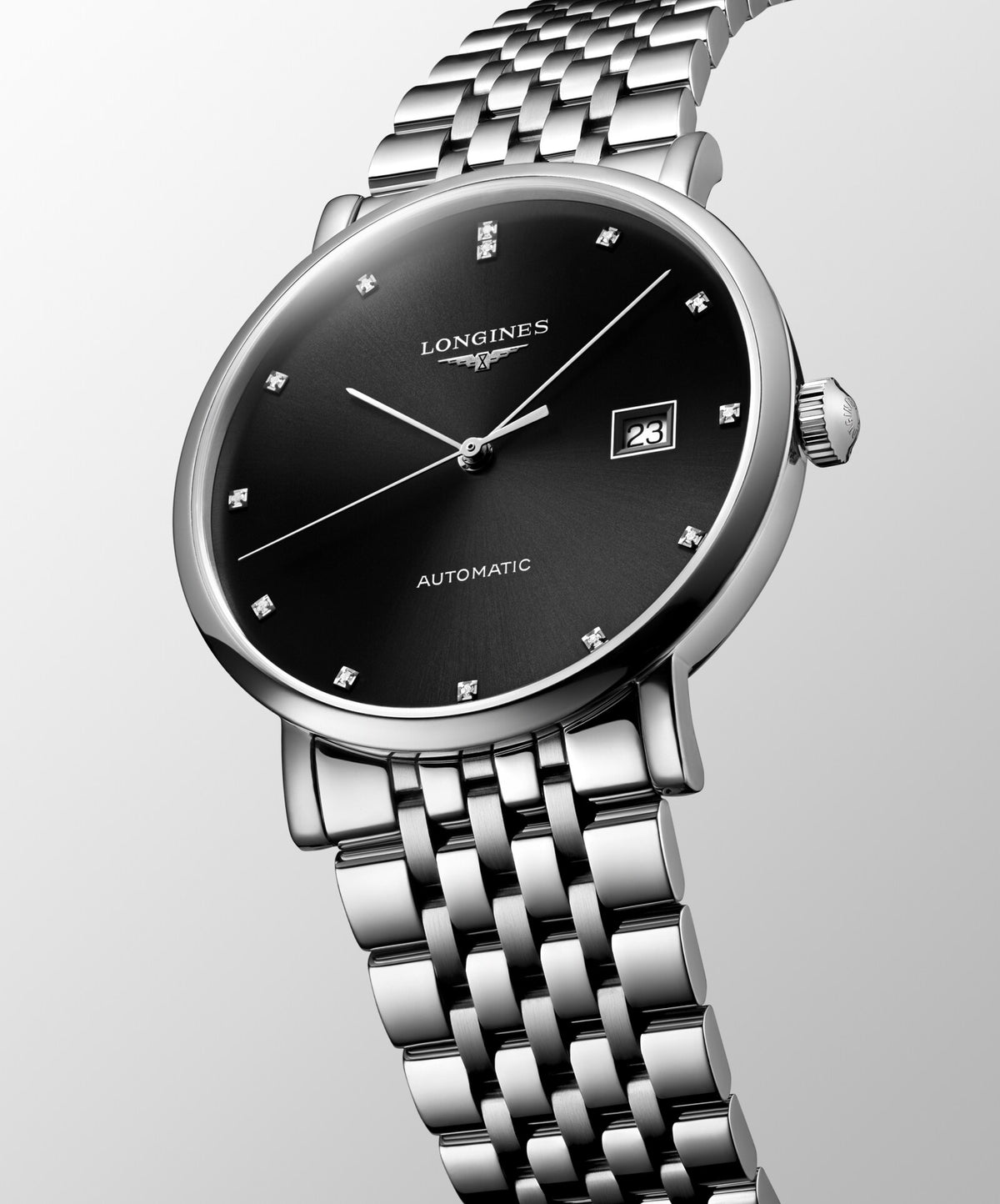 [SIMCHA-OFFICIAL-GALLERY:L4.910.4.59.6:04] Longines Elegant Collection 39.00mm Automatic Sunray black Dial Stainless Steel Bracelet Watch — official gallery view 4
