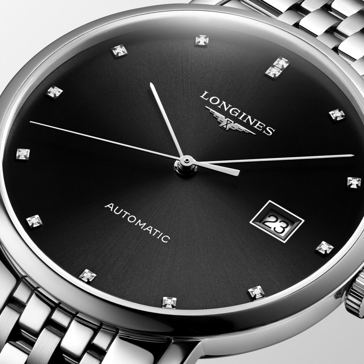 [SIMCHA-OFFICIAL-GALLERY:L4.910.4.59.6:02] Longines Elegant Collection 39.00mm Automatic Sunray black Dial Stainless Steel Bracelet Watch — official gallery view 2