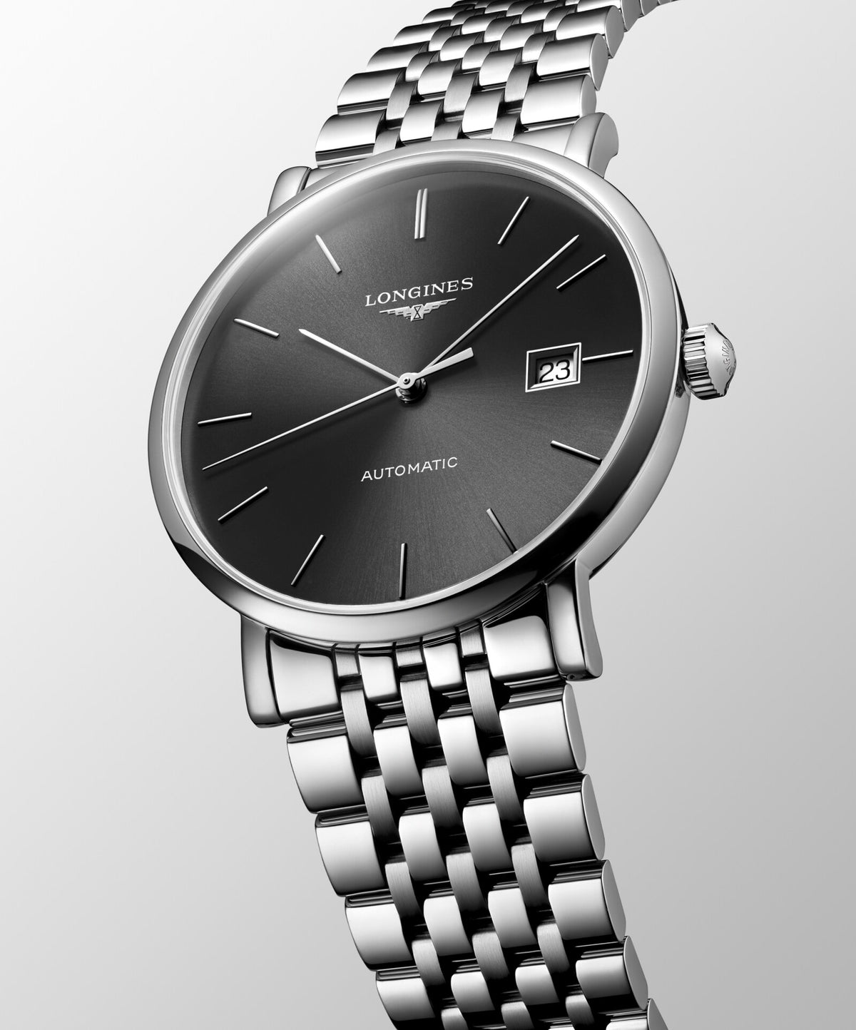[SIMCHA-OFFICIAL-GALLERY:L4.910.4.70.6:04] Longines Elegant Collection 39.00mm Automatic Sunray grey Dial Stainless Steel Bracelet Watch — official gallery view 4