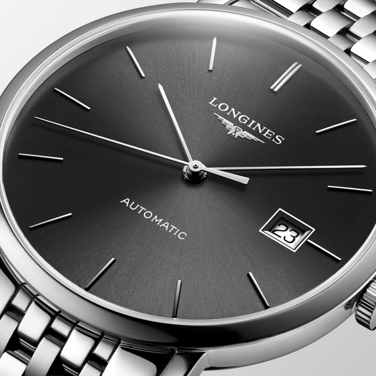 [SIMCHA-OFFICIAL-GALLERY:L4.910.4.70.6:02] Longines Elegant Collection 39.00mm Automatic Sunray grey Dial Stainless Steel Bracelet Watch — official gallery view 2