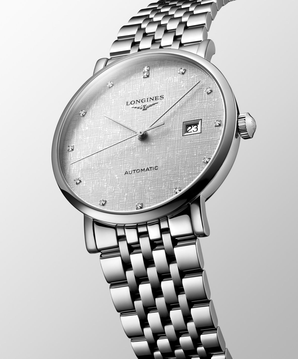 [SIMCHA-OFFICIAL-GALLERY:L4.910.4.79.6:04] Longines Elegant Collection 39.00mm Automatic Striped Silver Dial Stainless Steel Bracelet Watch — official gallery view 4