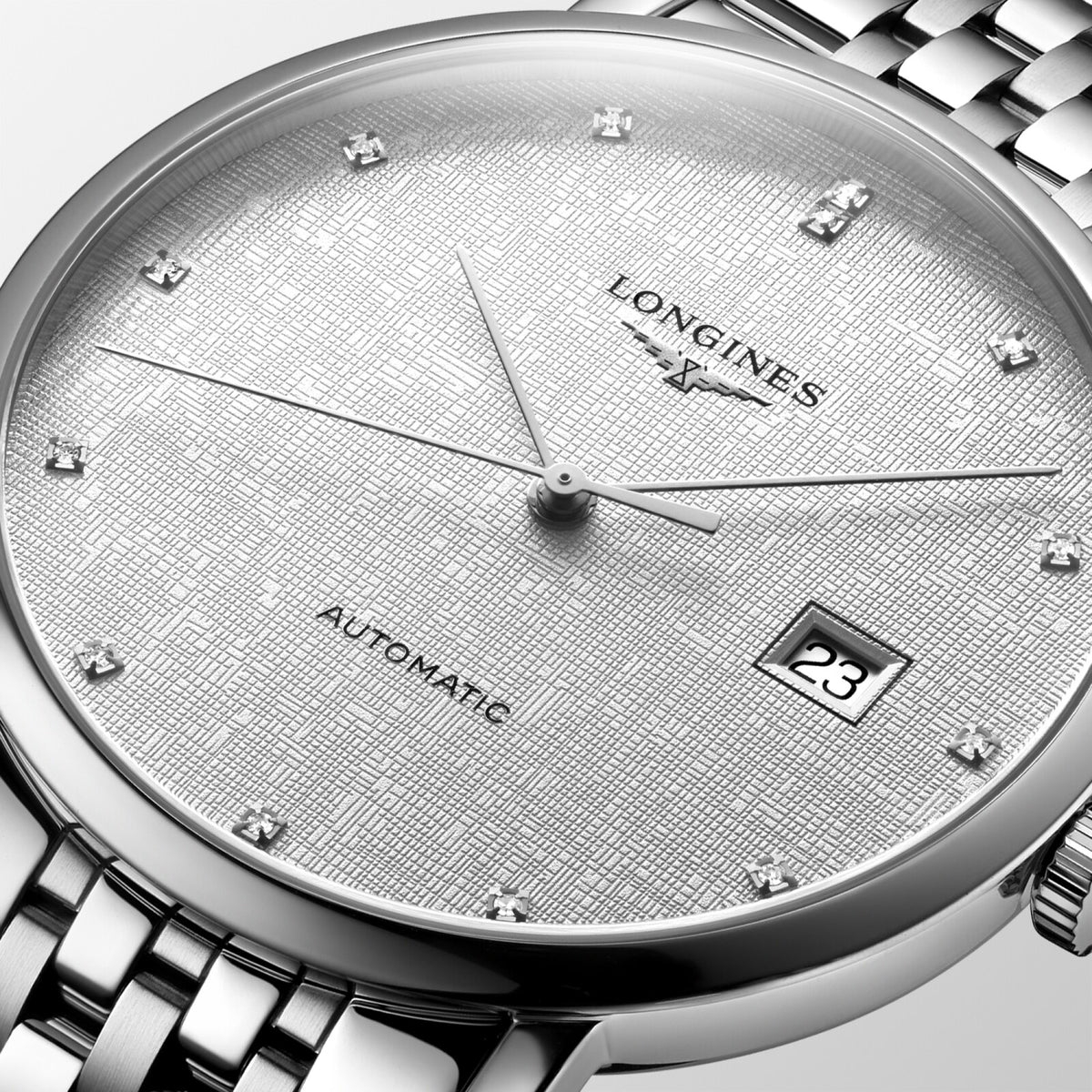[SIMCHA-OFFICIAL-GALLERY:L4.910.4.79.6:02] Longines Elegant Collection 39.00mm Automatic Striped Silver Dial Stainless Steel Bracelet Watch — official gallery view 2