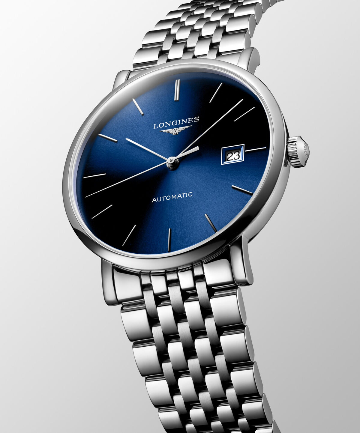 [SIMCHA-OFFICIAL-GALLERY:L4.910.4.90.6:04] Longines Elegant Collection 39.00mm Automatic Sunray blue Dial Stainless Steel Bracelet Watch — official gallery view 4