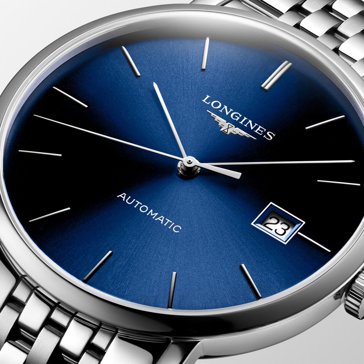 [SIMCHA-OFFICIAL-GALLERY:L4.910.4.90.6:02] Longines Elegant Collection 39.00mm Automatic Sunray blue Dial Stainless Steel Bracelet Watch — official gallery view 2