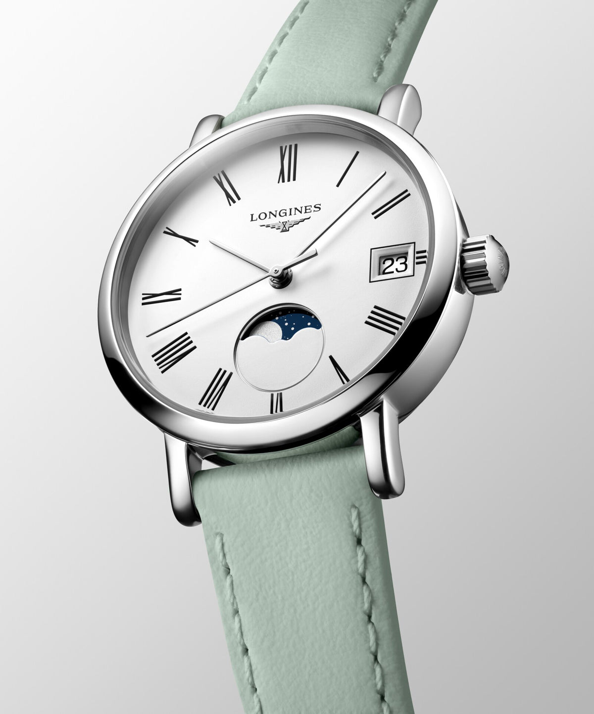 [SIMCHA-OFFICIAL-GALLERY:L4.330.4.11.0:04] Longines Elegant Collection 30.00mm Quartz White matt Dial Green Leather Strap Watch — official gallery view 4