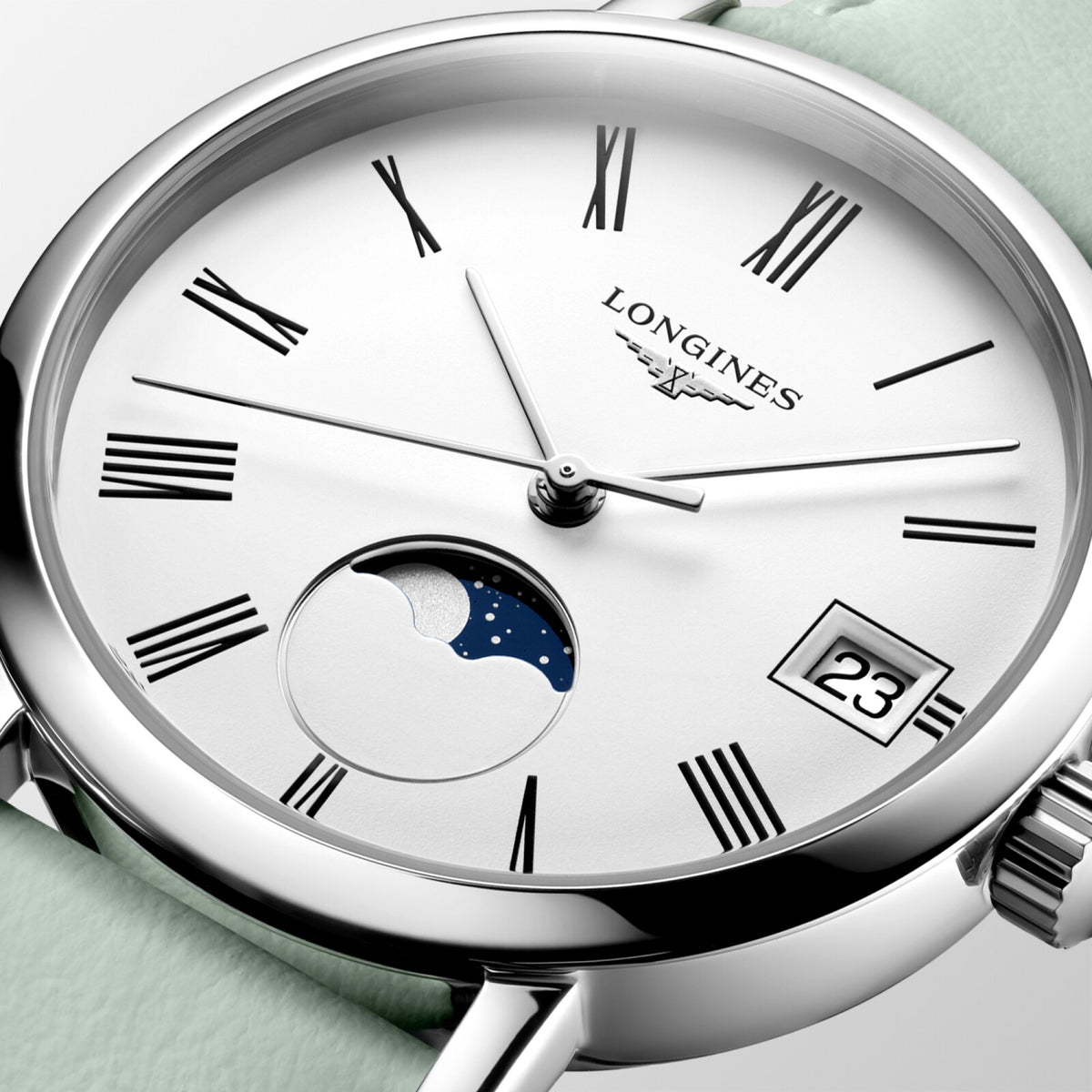 [SIMCHA-OFFICIAL-GALLERY:L4.330.4.11.0:02] Longines Elegant Collection 30.00mm Quartz White matt Dial Green Leather Strap Watch — official gallery view 2