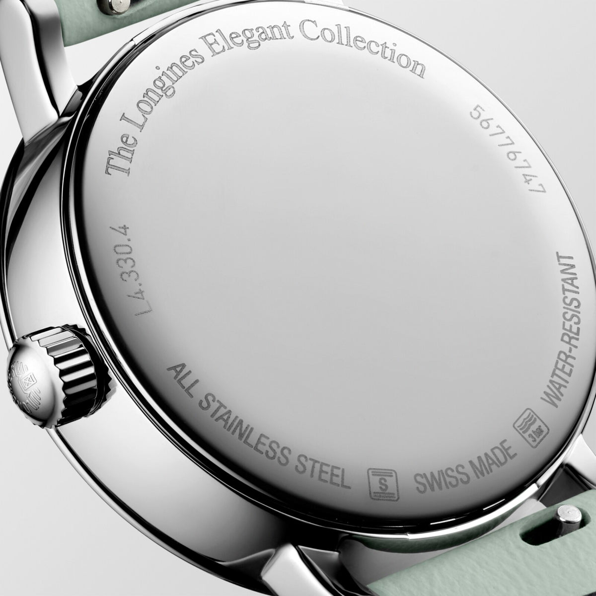 [SIMCHA-OFFICIAL-GALLERY:L4.330.4.11.0:03] Longines Elegant Collection 30.00mm Quartz White matt Dial Green Leather Strap Watch — official gallery view 3