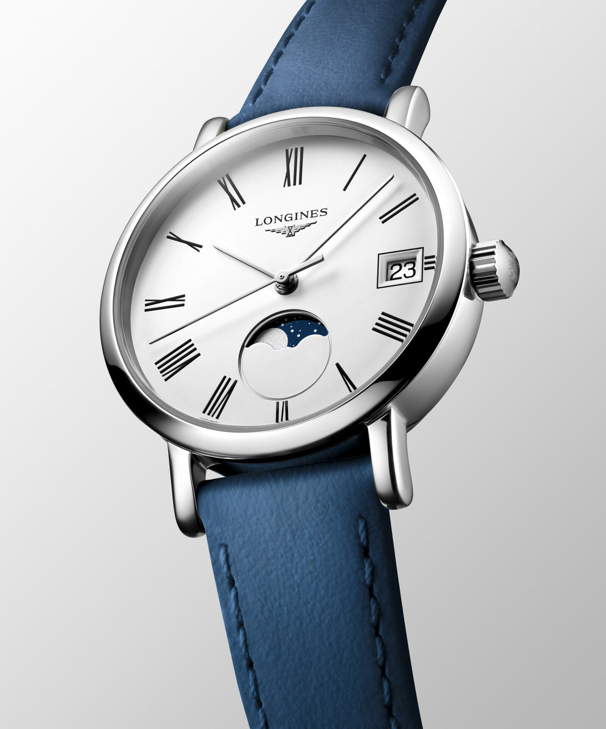 [SIMCHA-OFFICIAL-GALLERY:L4.330.4.11.2:04] Longines Elegant Collection 30.00mm Quartz White matt Dial Blue Leather Strap Watch — official gallery view 4