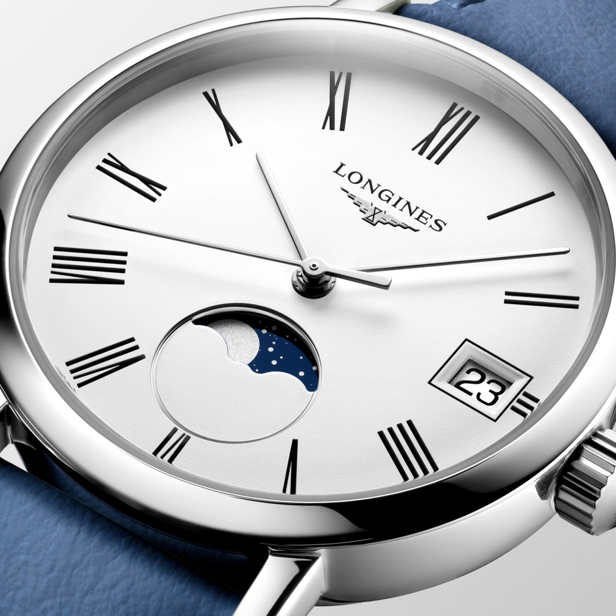 [SIMCHA-OFFICIAL-GALLERY:L4.330.4.11.2:02] Longines Elegant Collection 30.00mm Quartz White matt Dial Blue Leather Strap Watch — official gallery view 2