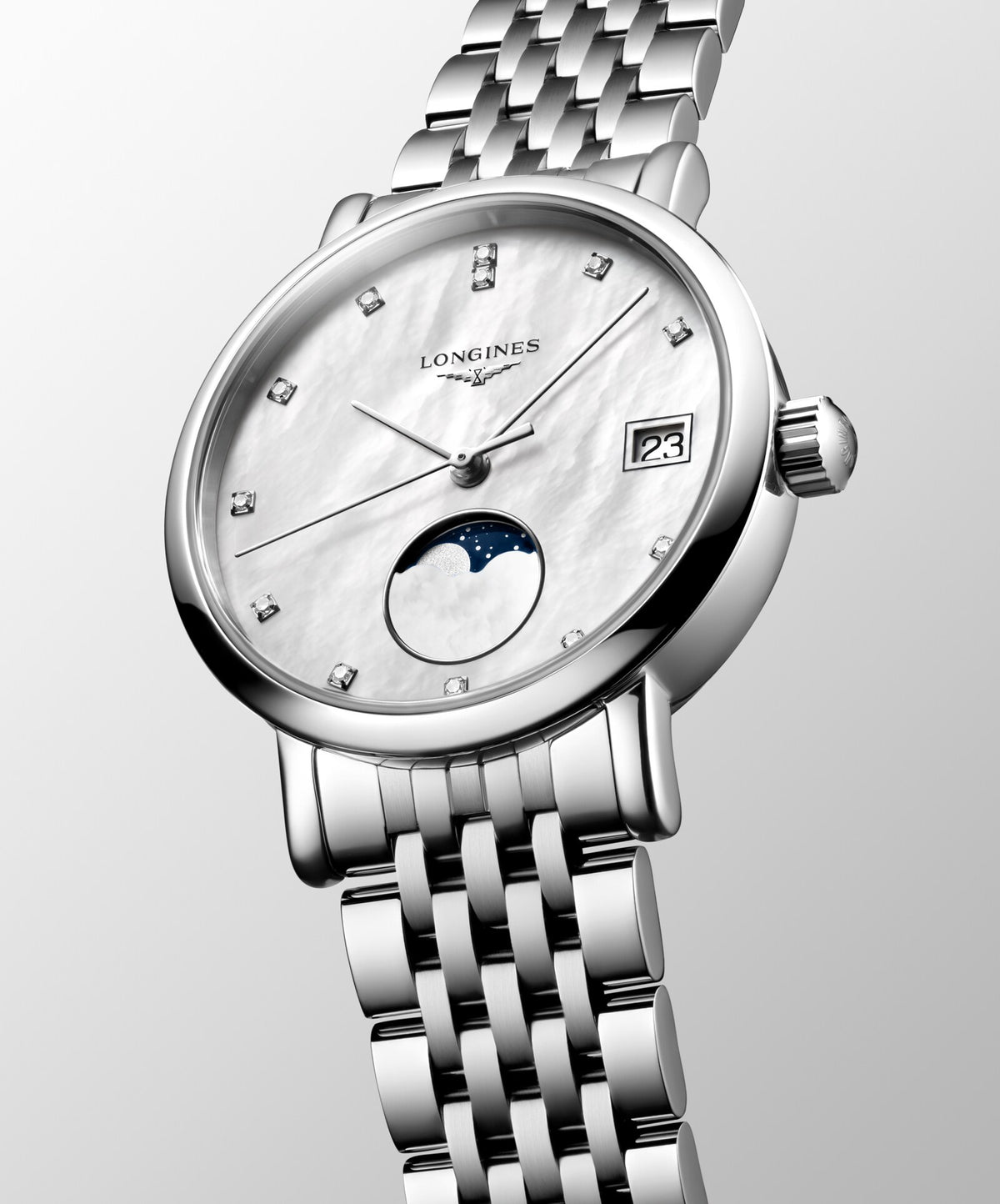 [SIMCHA-OFFICIAL-GALLERY:L4.330.4.87.6:04] Longines Elegant Collection 30.00mm Quartz White mother-of-pearl Dial Stainless Steel Bracelet Watch — official gallery view 4