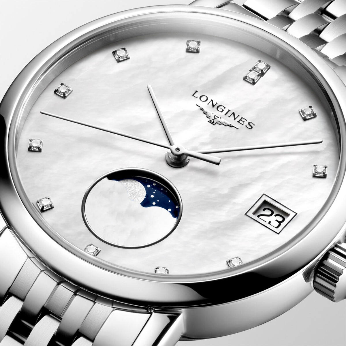 [SIMCHA-OFFICIAL-GALLERY:L4.330.4.87.6:02] Longines Elegant Collection 30.00mm Quartz White mother-of-pearl Dial Stainless Steel Bracelet Watch — official gallery view 2
