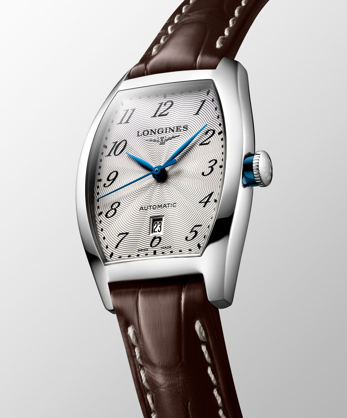 [SIMCHA-OFFICIAL-GALLERY:L2.142.4.73.4:02] Longines Evidenza 26.00 x 30.60mm Automatic Silver "flinqué" Dial Brown Alligator Strap Watch — official gallery view 2