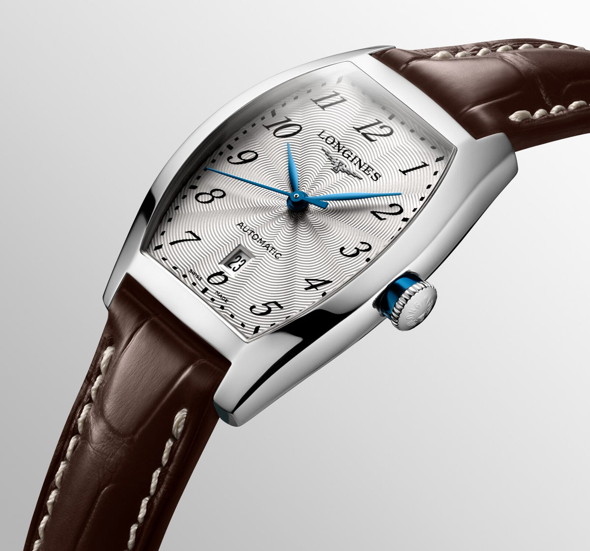 [SIMCHA-OFFICIAL-GALLERY:L2.142.4.73.4:04] Longines Evidenza 26.00 x 30.60mm Automatic Silver "flinqué" Dial Brown Alligator Strap Watch — official gallery view 4