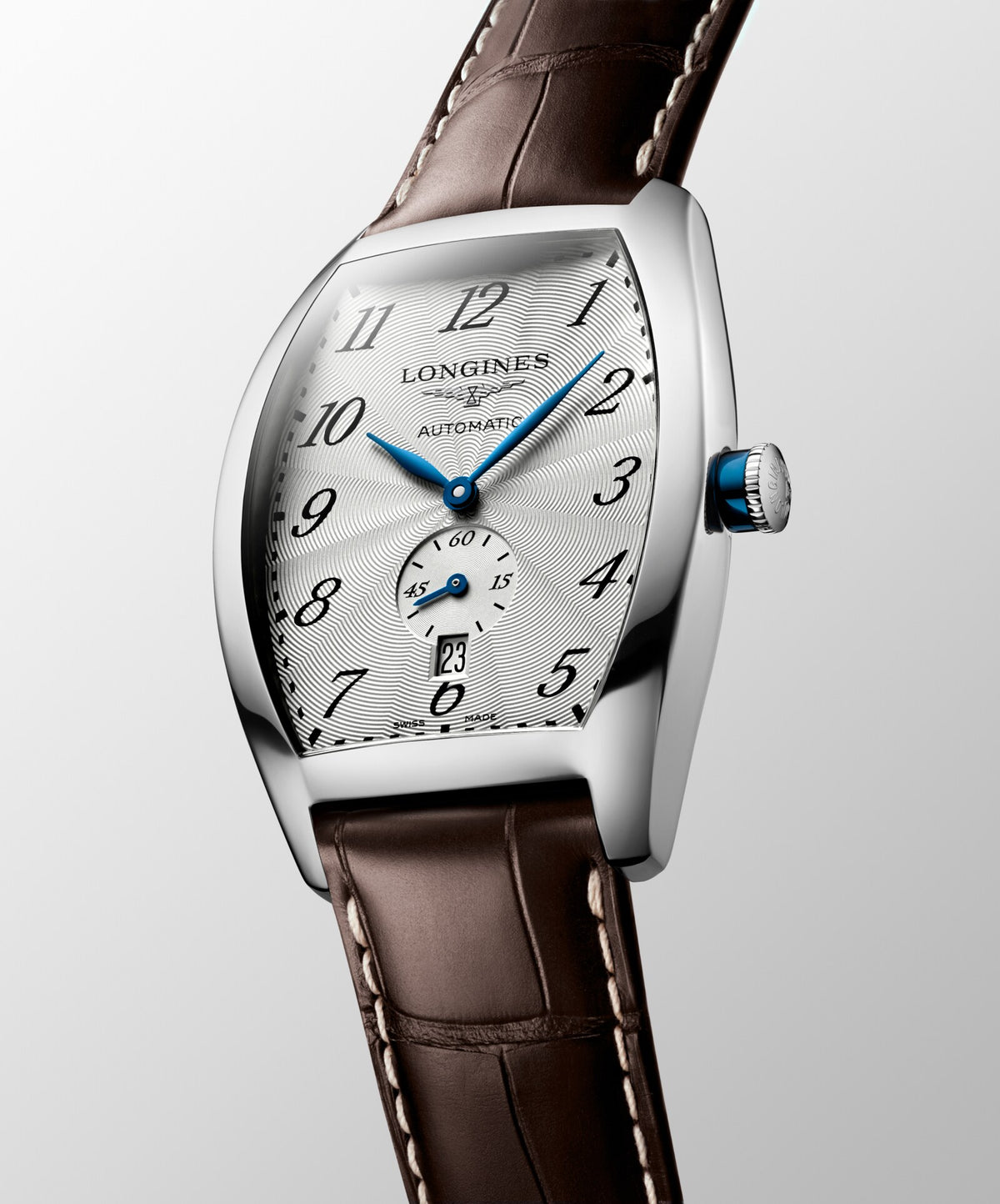 [SIMCHA-OFFICIAL-GALLERY:L2.642.4.73.4:04] Longines Evidenza 33.10 x 38.75mm Automatic Silver "flinqué" Dial Brown Alligator Strap Watch — official gallery view 4