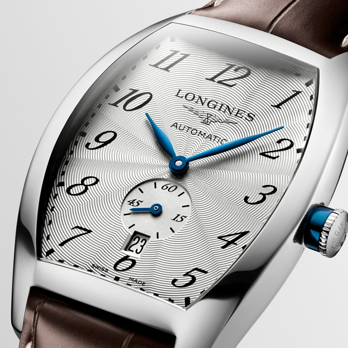 [SIMCHA-OFFICIAL-GALLERY:L2.642.4.73.4:02] Longines Evidenza 33.10 x 38.75mm Automatic Silver "flinqué" Dial Brown Alligator Strap Watch — official gallery view 2