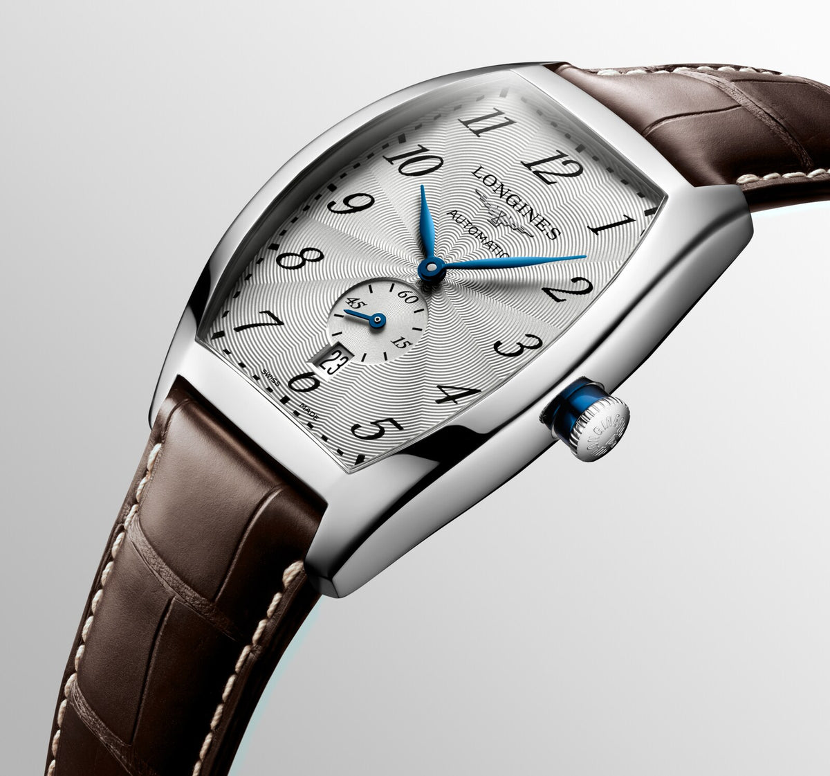 [SIMCHA-OFFICIAL-GALLERY:L2.642.4.73.4:06] Longines Evidenza 33.10 x 38.75mm Automatic Silver "flinqué" Dial Brown Alligator Strap Watch — official gallery view 6