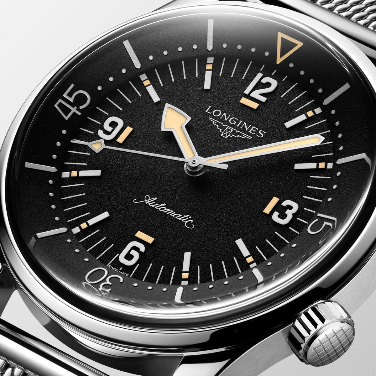 [SIMCHA-TOP500:LONGINES:L3.795.4.59.9:02] LONGINES LEGEND DIVER 59 L3.795.4.59.9 Automatic, Stainless steel, Black grained, Bracelet Watch - Face close up
