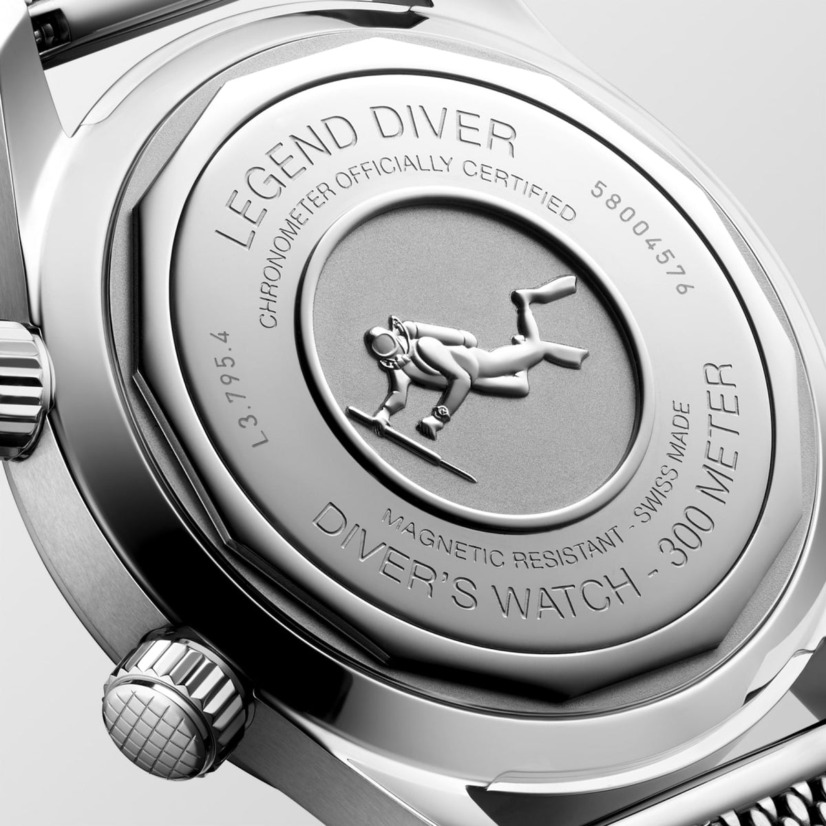 [SIMCHA-TOP500:LONGINES:L3.795.4.59.9:04] LONGINES LEGEND DIVER 59 L3.795.4.59.9 Automatic, Stainless steel, Black grained, Bracelet Watch - Back close up