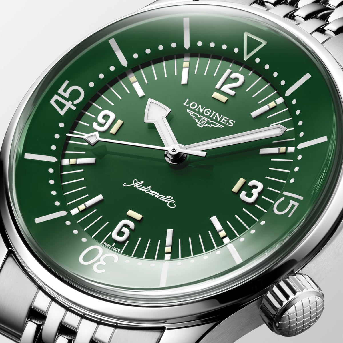 [SIMCHA-TOP500:LONGINES:L3.764.4.06.6:02] LONGINES LEGEND DIVER L3.764.4.06.6 Automatic, Stainless steel, Green lacquered polished, Bracelet Watch - Face close up