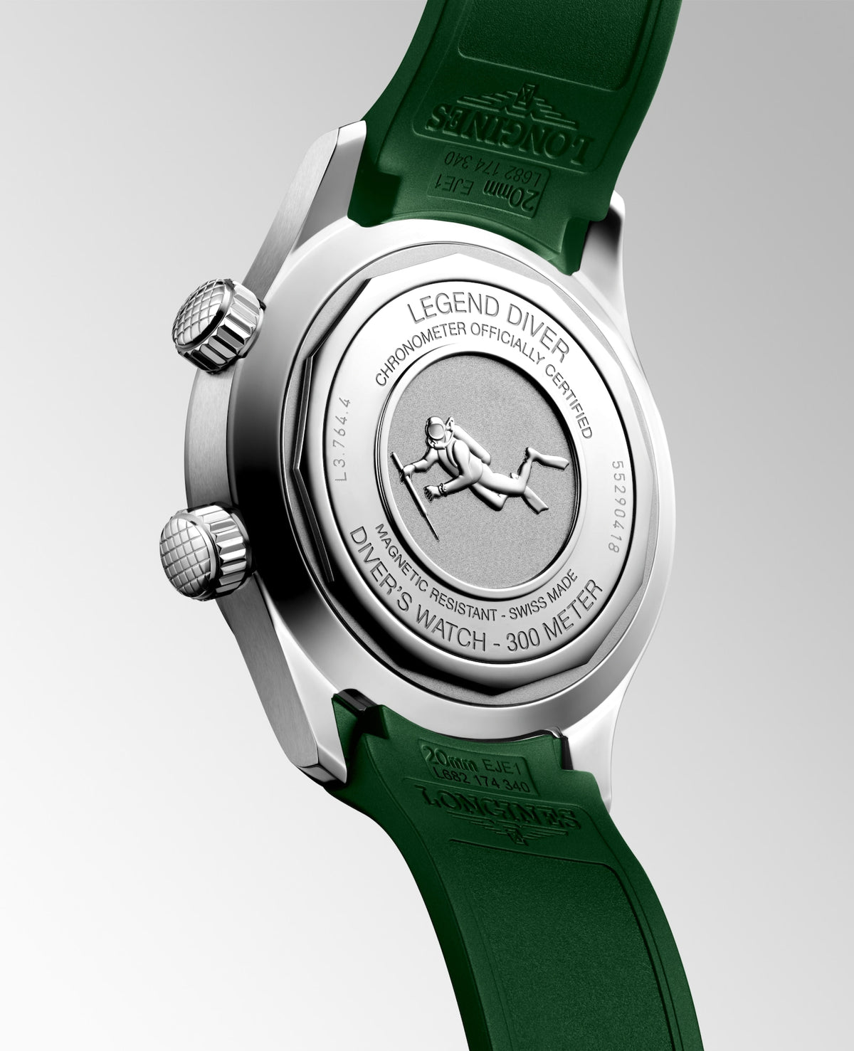 [SIMCHA-STANDALONE:L3.764.4.06.9:05] Longines Legend Diver 39.00 mm Automatic Green lacquered polished Dial Green Rubber strap Watch – L3.764.4.06.9 – LONGINES LEGEND DIVER L3.764.4.06.9 Automatic, Stainless steel, Green lacquered polished, Strap Watch - Watch back